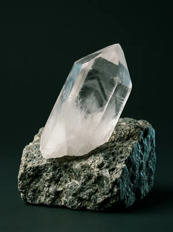 A clear quartz crystal resting on a piece of dark host rock