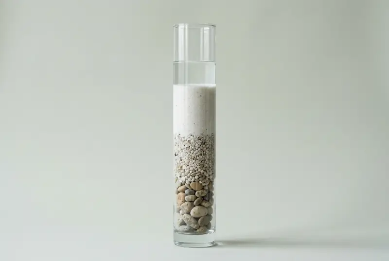 A clear column filled with layers of gravel and white sand