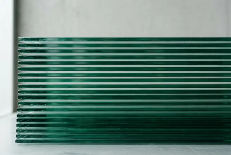 Stacked sheets of float glass seen edge-on