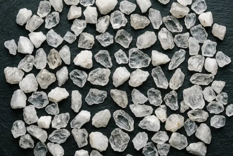 Angular pieces of crushed quartz on a dark slate surface