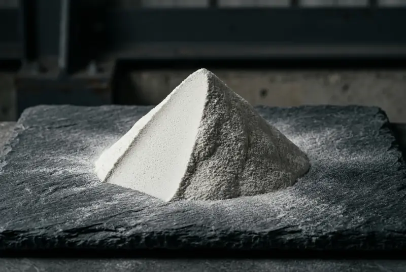 A cone of fine white quartz powder on dark slate